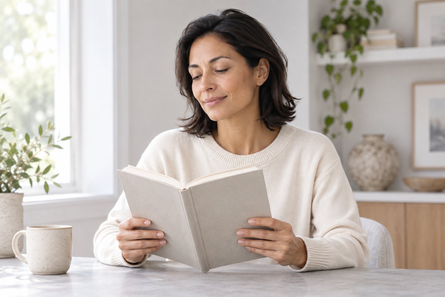 Illustrative everyday scene of a person reading by a window