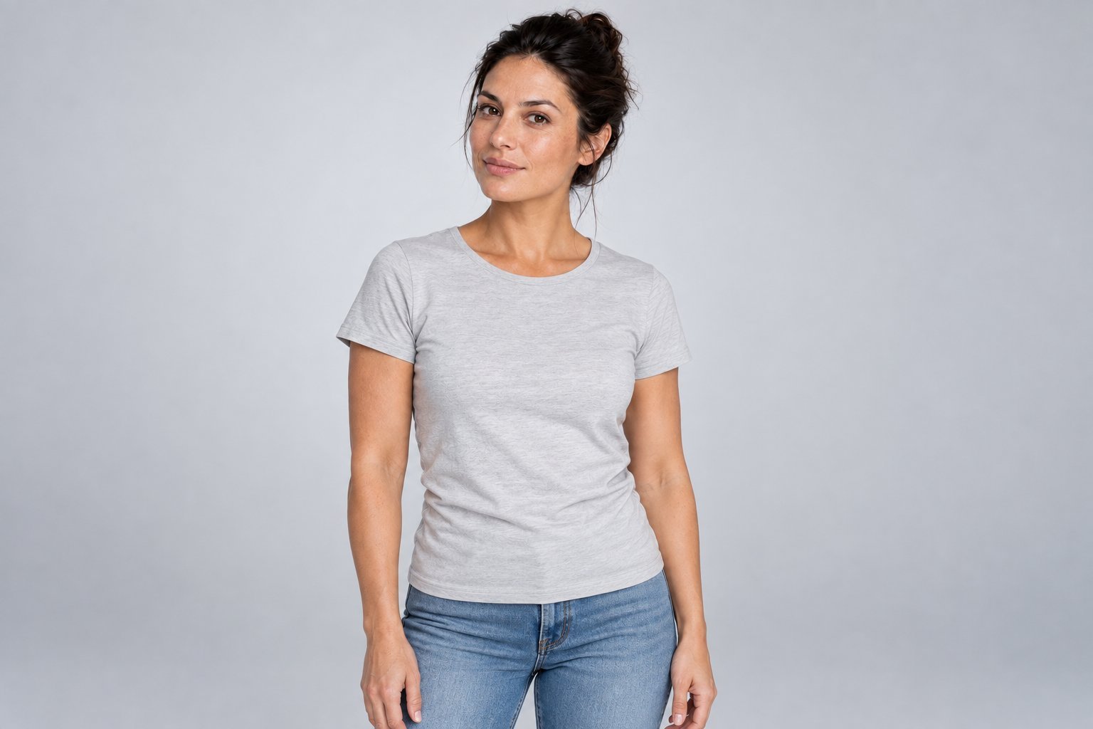 Illustrative portrait wearing a dry light-grey cotton shirt