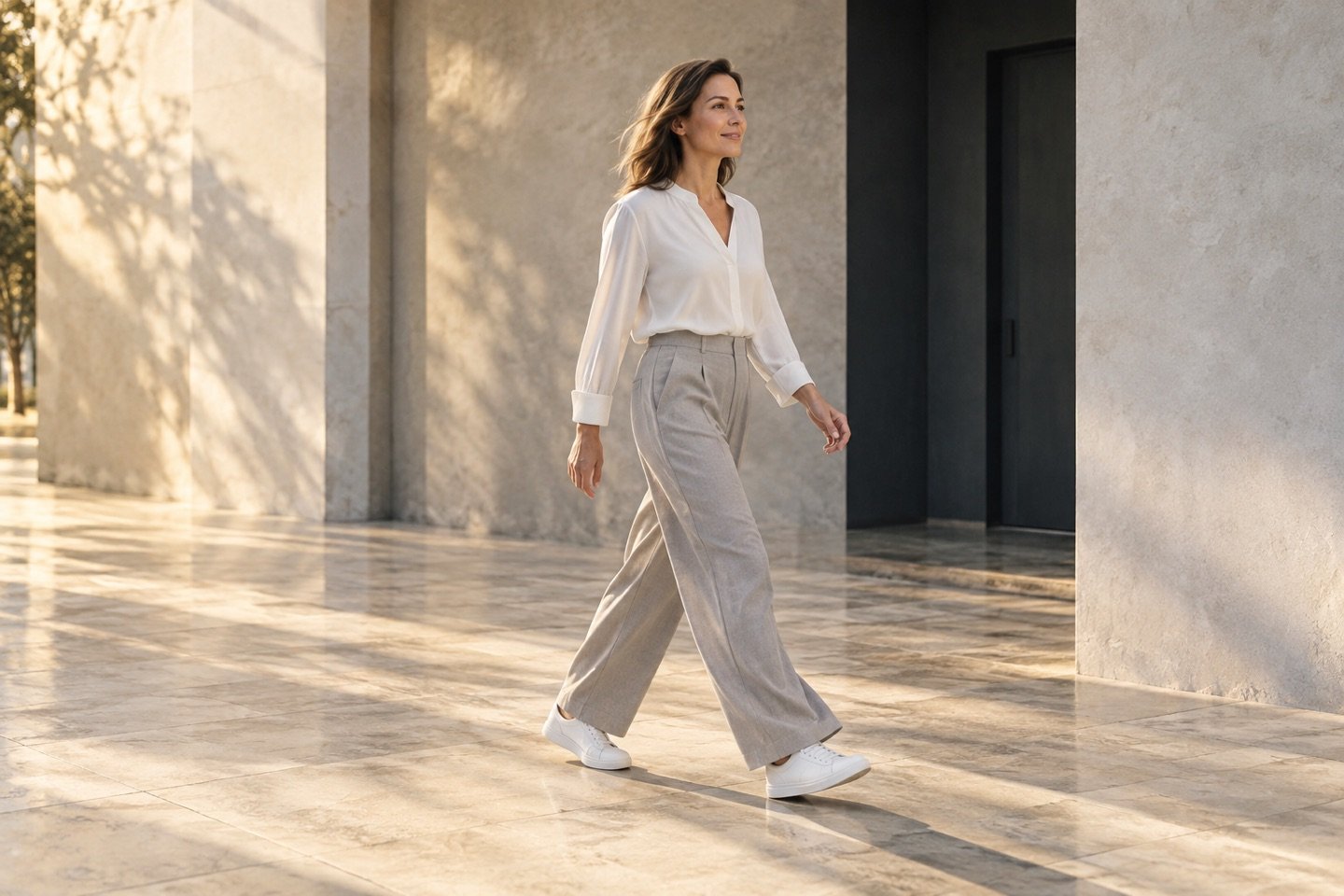 Illustrative scene of a woman walking through a sunlit stone passage