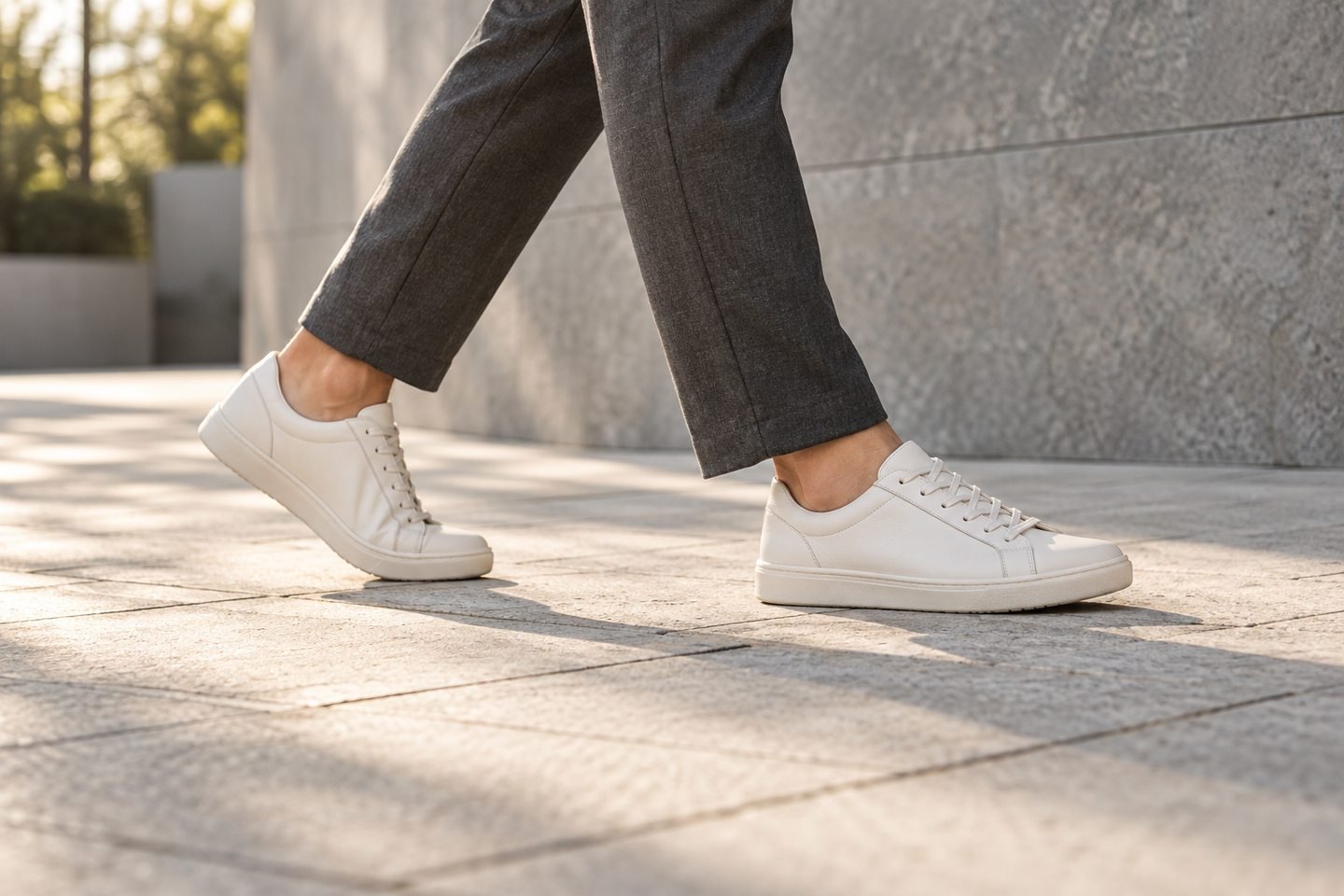 Illustrative everyday walk in ivory sneakers on a stone walkway