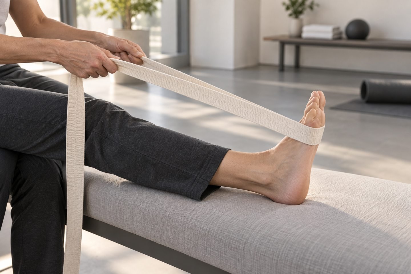 Illustrative foot mobility scene with a soft stretching strap