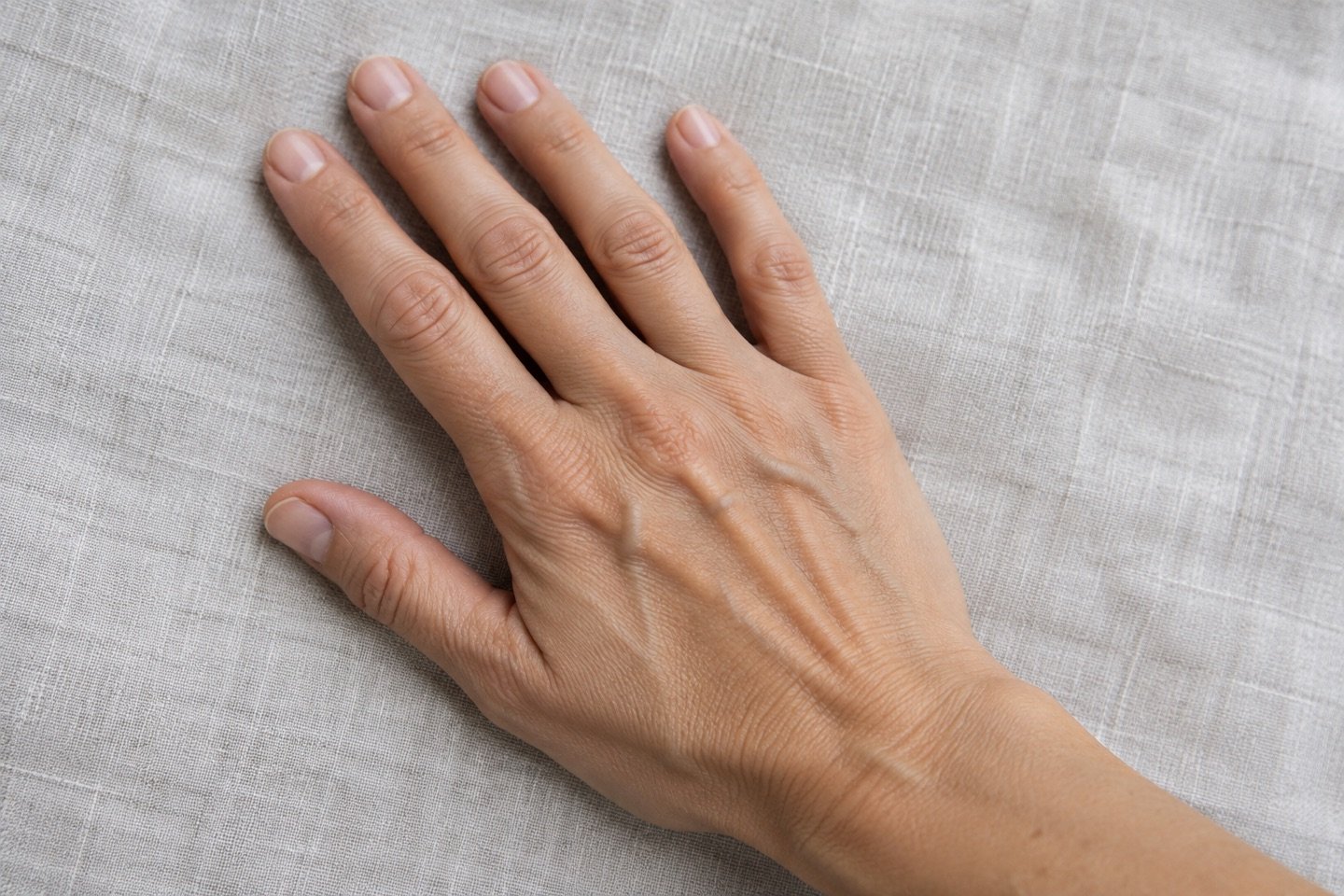 Illustrative close-up of the back of an adult hand with subtle veins and tendons