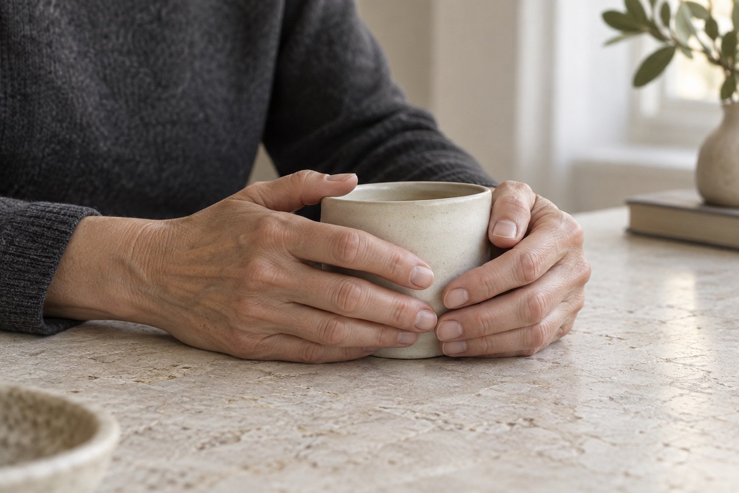 Illustrative detail of adult hands in an everyday moment