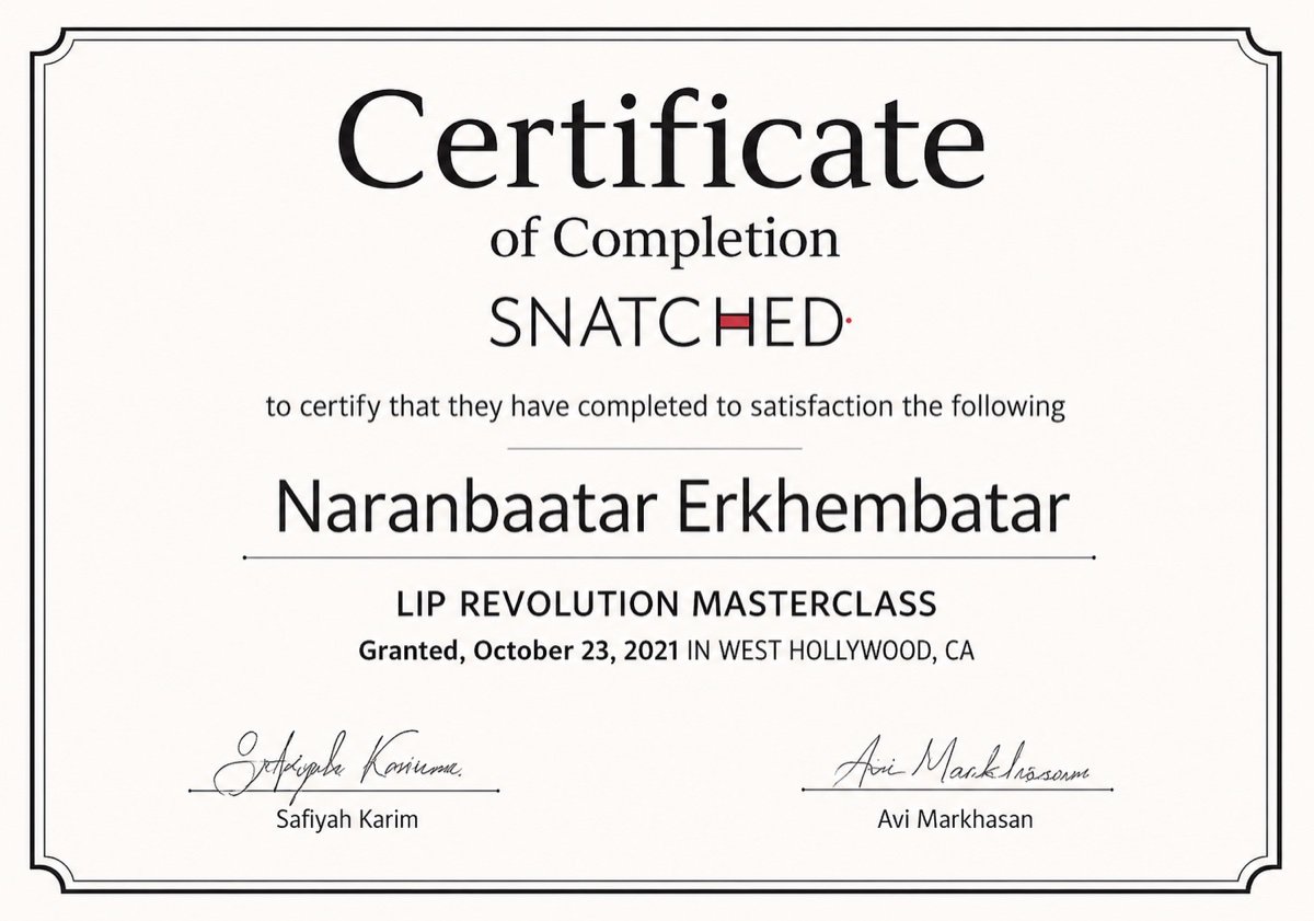 Snatched Lip Revolution Masterclass certificate