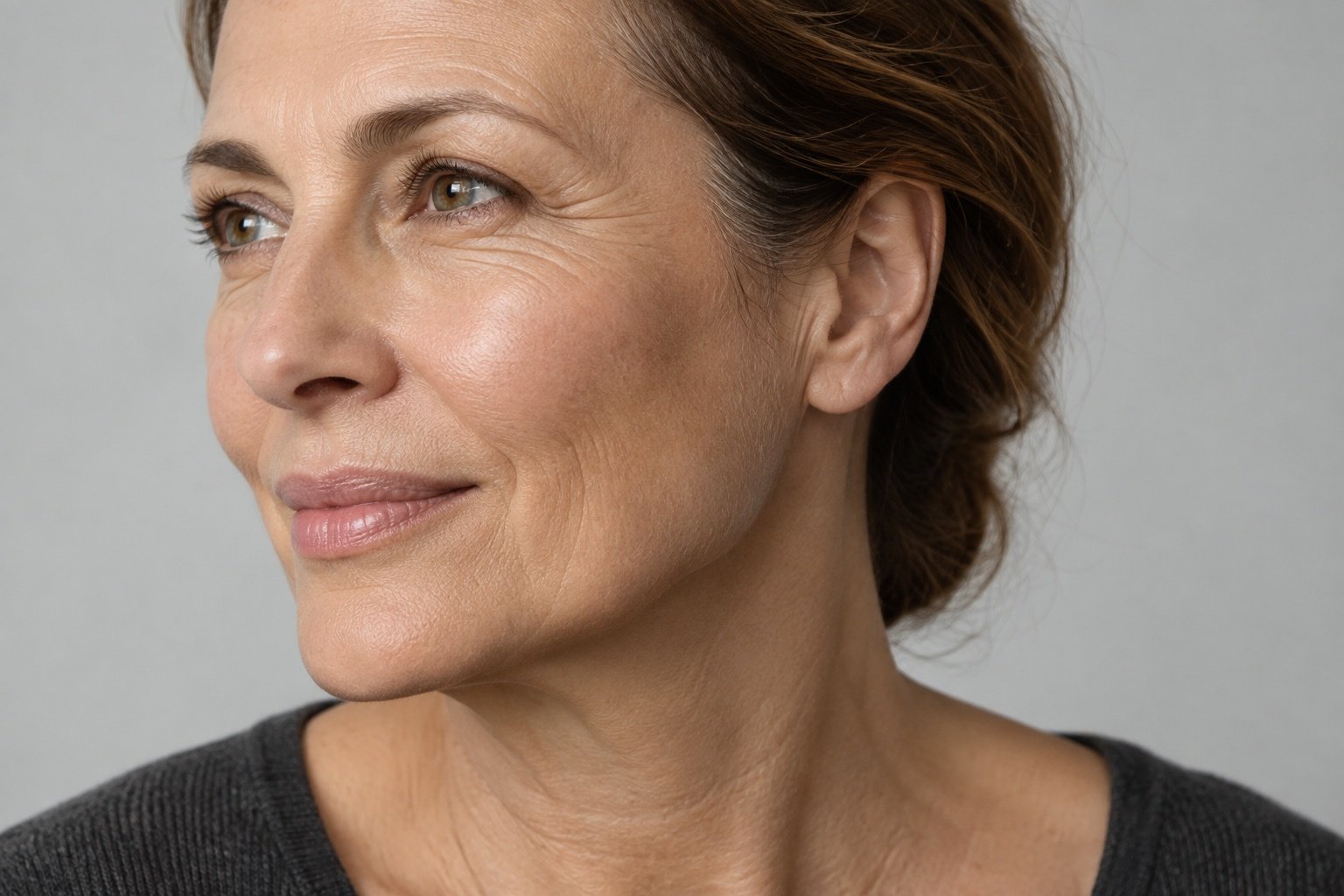 Illustrative studio detail of mature skin and cheek structure
