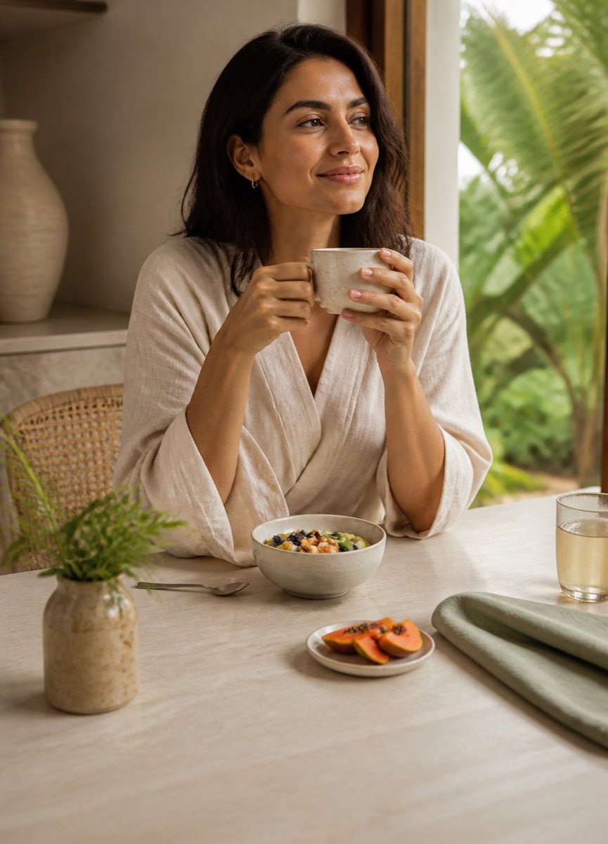 Woman enjoying herbal tea and a balanced breakfast
