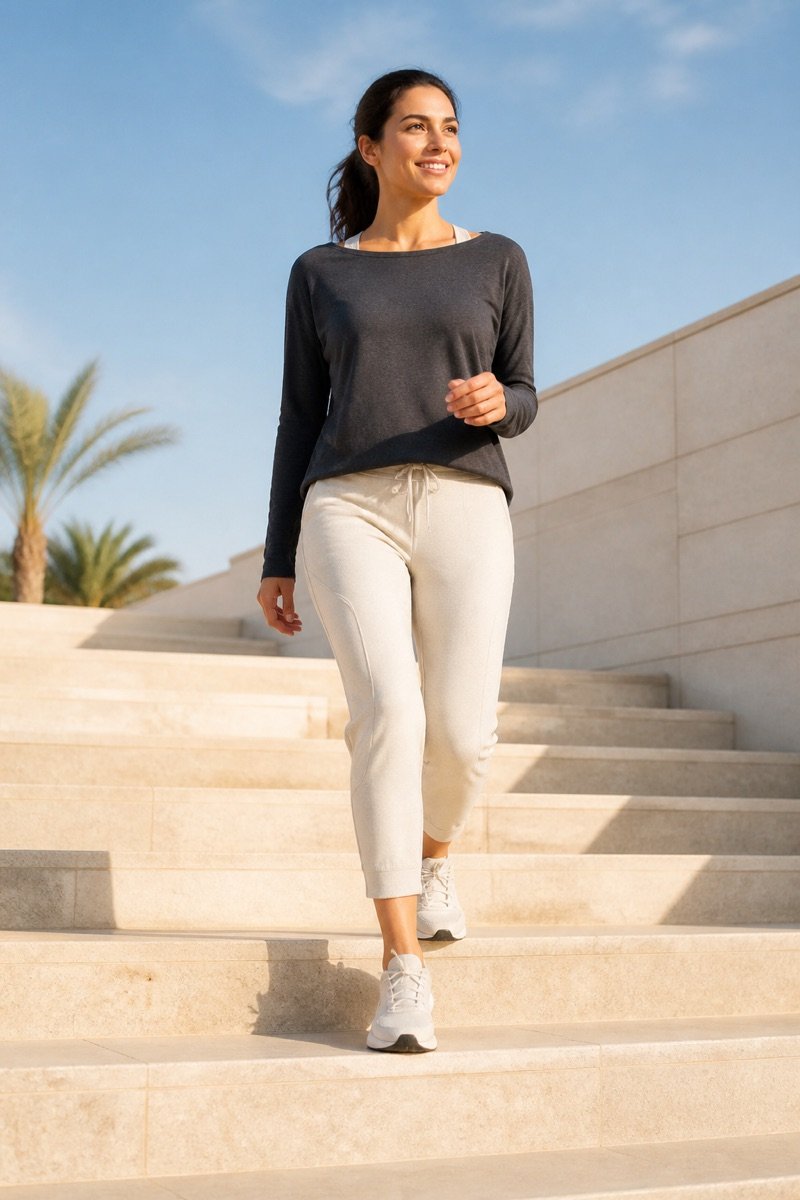 Woman moving down sunlit outdoor steps