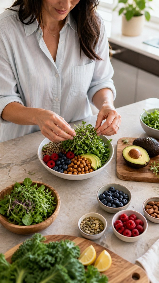 Woman preparing a balanced meal with fresh ingredients