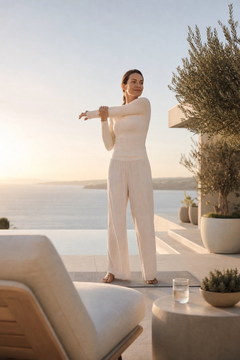 Woman stretching on a peaceful waterfront terrace